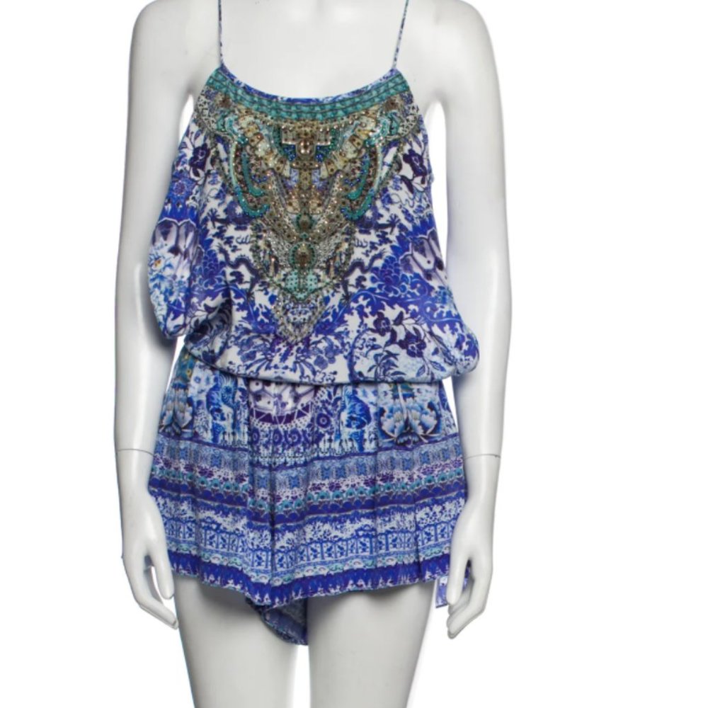 Camilla Silk Blue Printed & Beaded Romper size 1